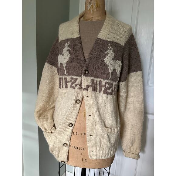 Vintage cowichan cardigan sweater wool Reindeer Tan/Cream/Brown natural undyed - Picture 2 of 9